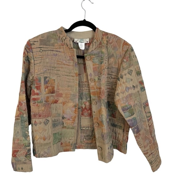 Orvis Women’s Long Sleeve Button Up Tan Abstract Quilted Cropped Jacket Sz S GUC - Picture 1 of 7